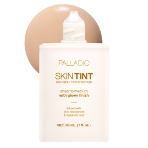 Skin Tint de Palladio, base de maquillaje ligera con acabado luminoso, frasco de 30 ml y muestra de textura
