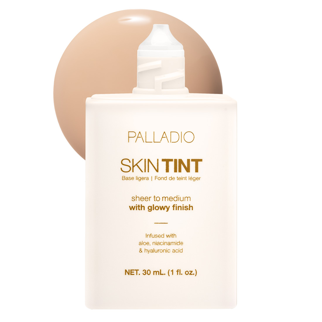 Skin Tint de Palladio, base de maquillaje ligera con acabado luminoso, frasco de 30 ml y muestra de textura